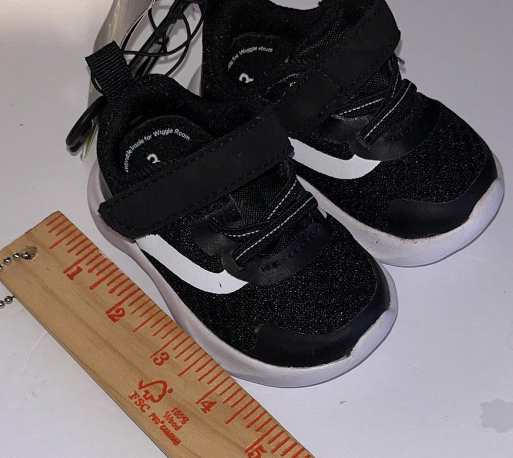 NWT Athletic Works Baby Sneakers Size 3 Black White Hook & Loop 6M